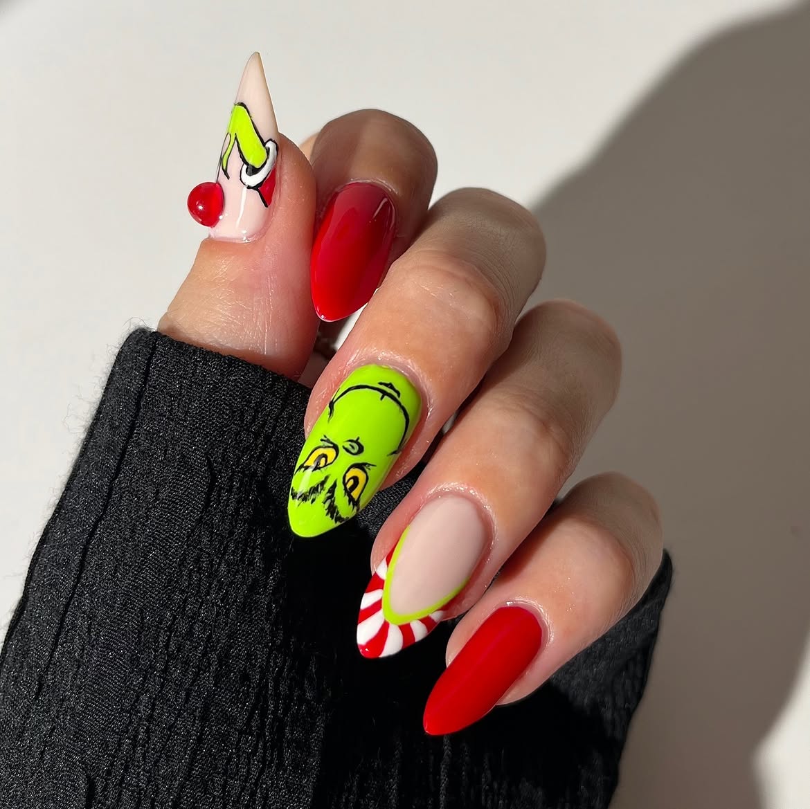 Festive Grinch Hand Painted Stiletto Nail Art