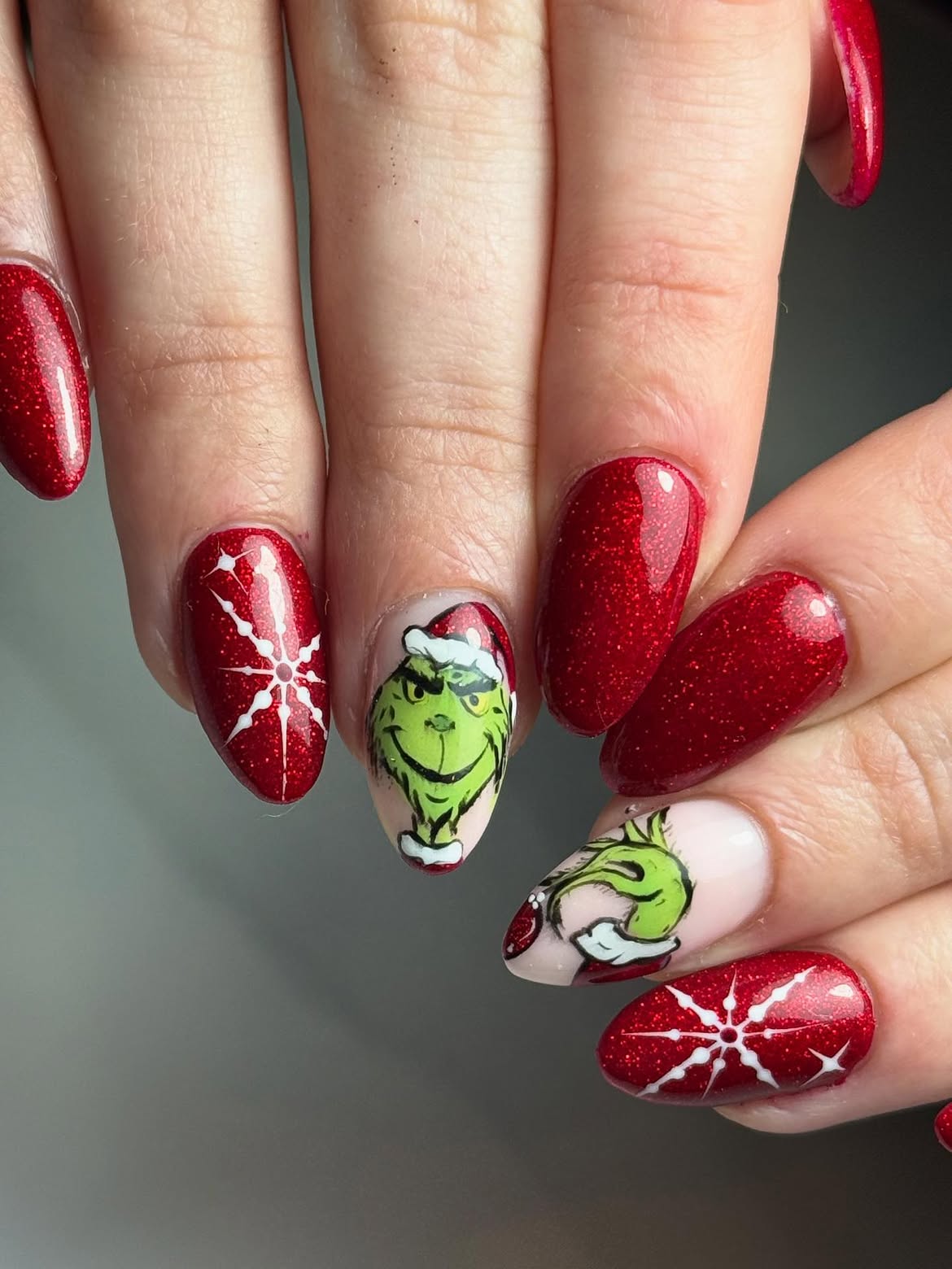 Festive Grinch Nail Art With Red Glitter