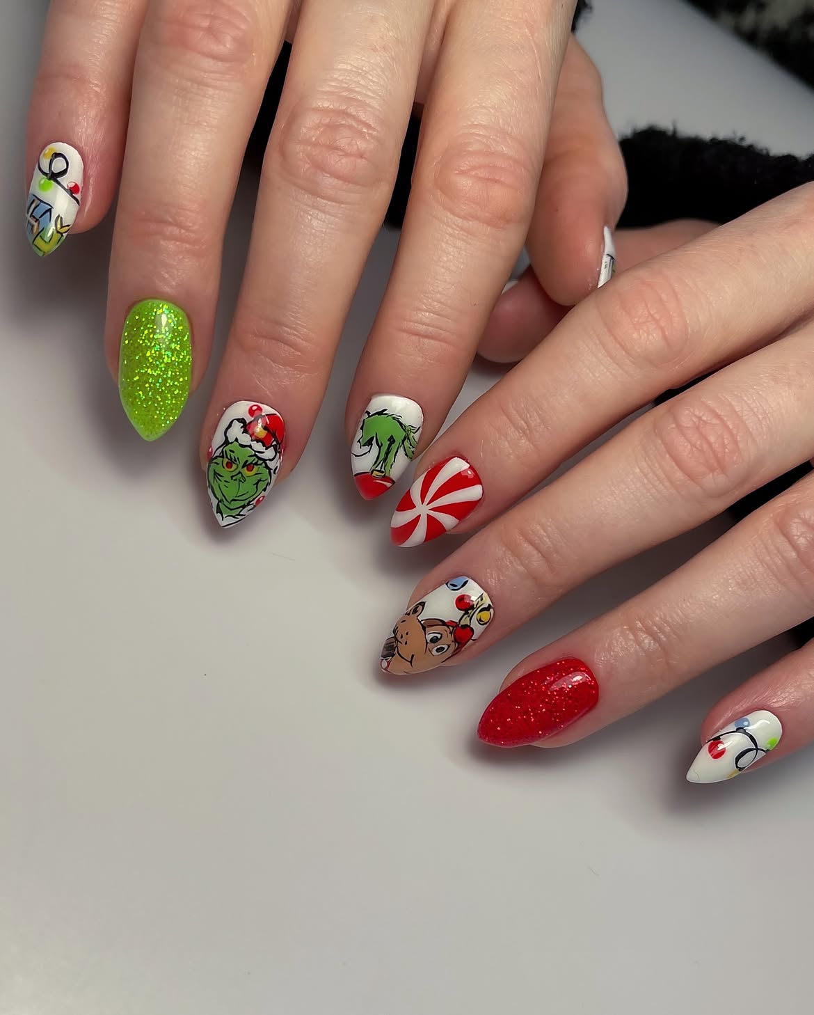 Festive Hand Painted Grinch Holiday Almond Nails