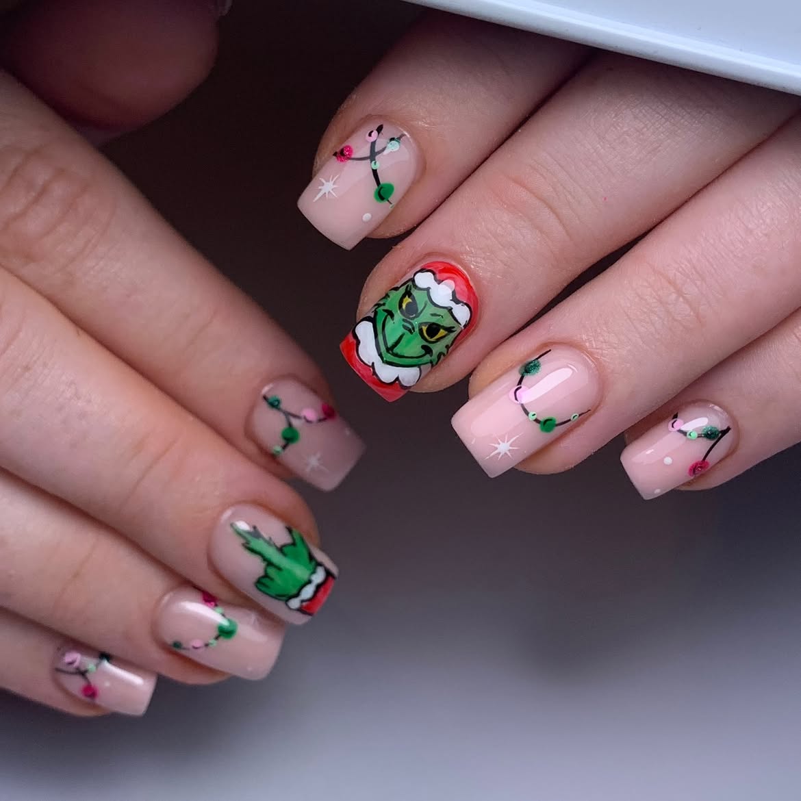 Festive Hand Painted Grinch Holiday Square Nails