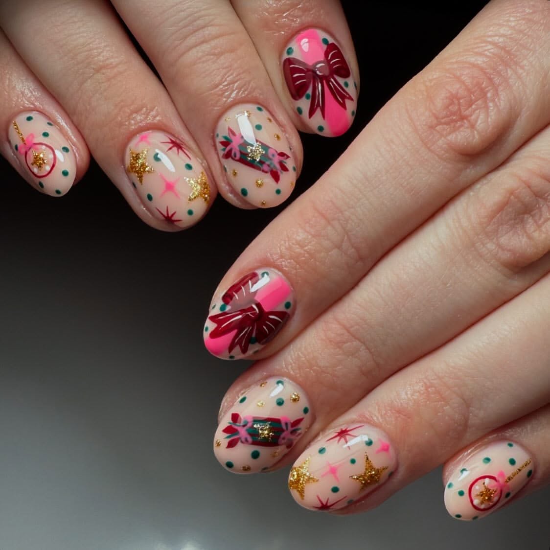 Festive Holiday Bows and Ornaments Almond Nails