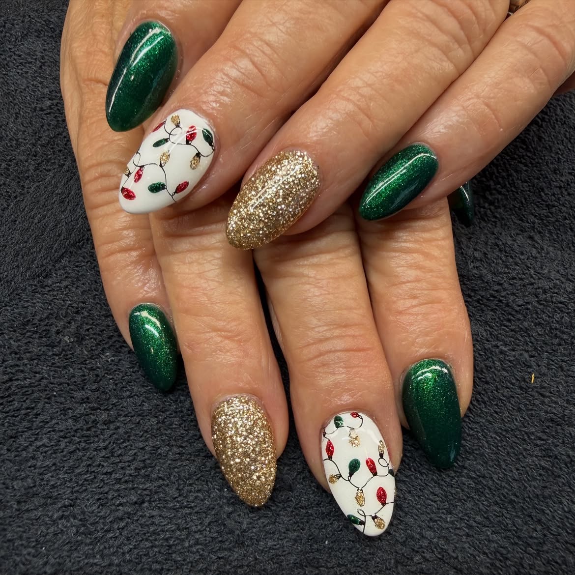 Festive Holiday Lights Almond Nail Art
