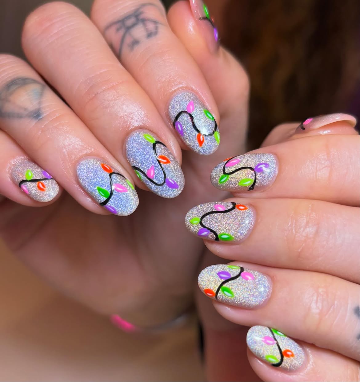 Festive Holiday Lights Glitter Oval Nails
