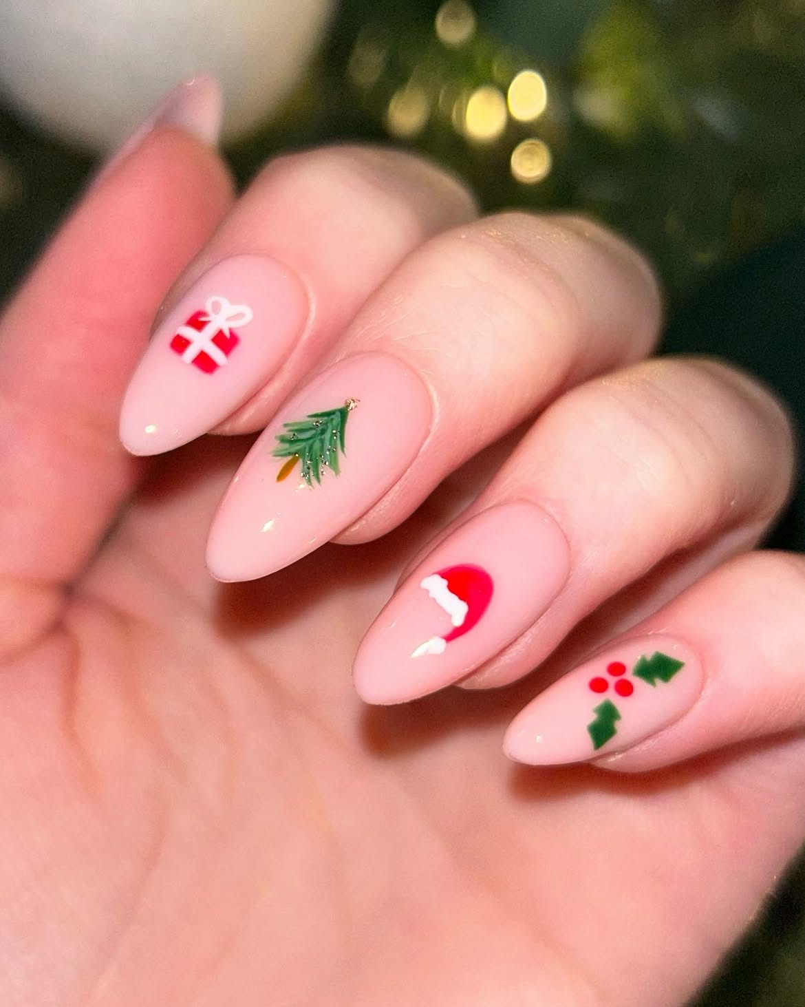 Festive Holiday Nail Art On Nude Almond Nails