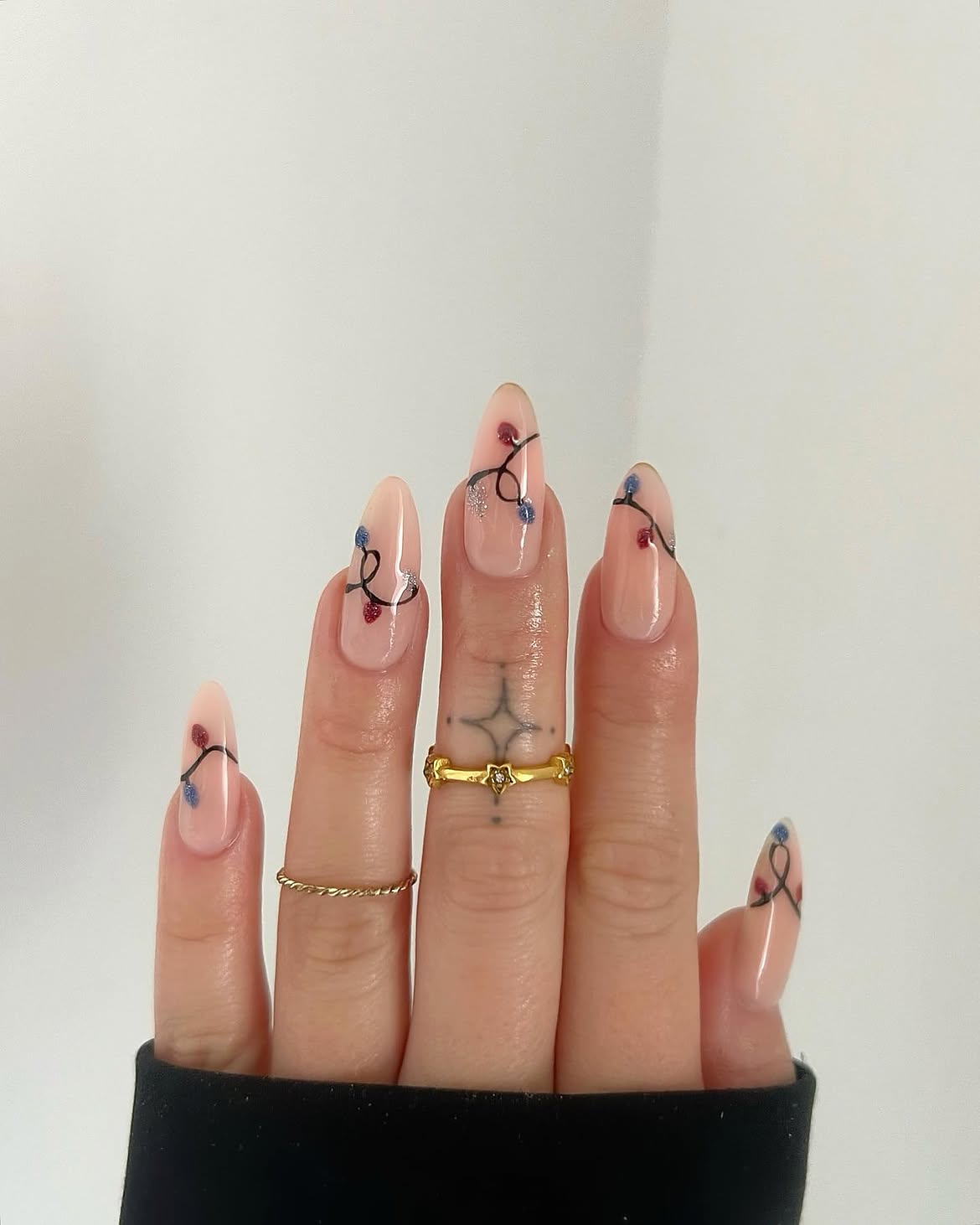 Festive Holiday String Lights Almond Nail Art