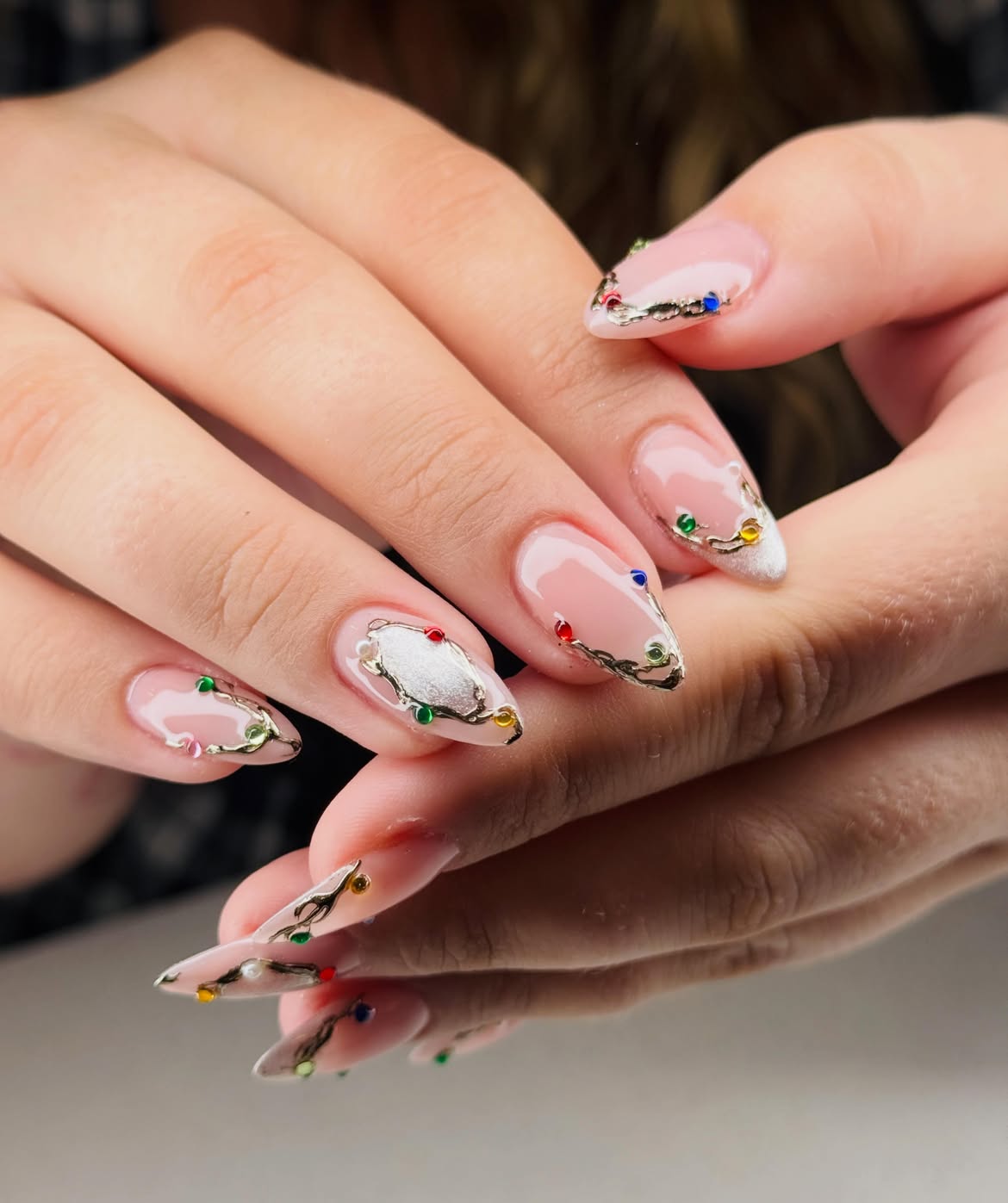 Festive Holiday String Lights Almond Nail Art