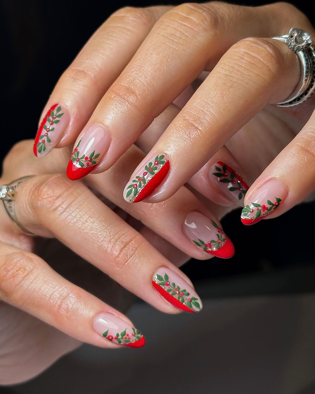 Festive Holly Berry Almond French Nails