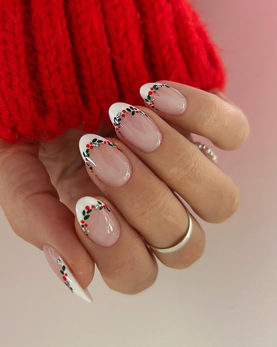 Festive Holly Berry French Tip Almond Nails
