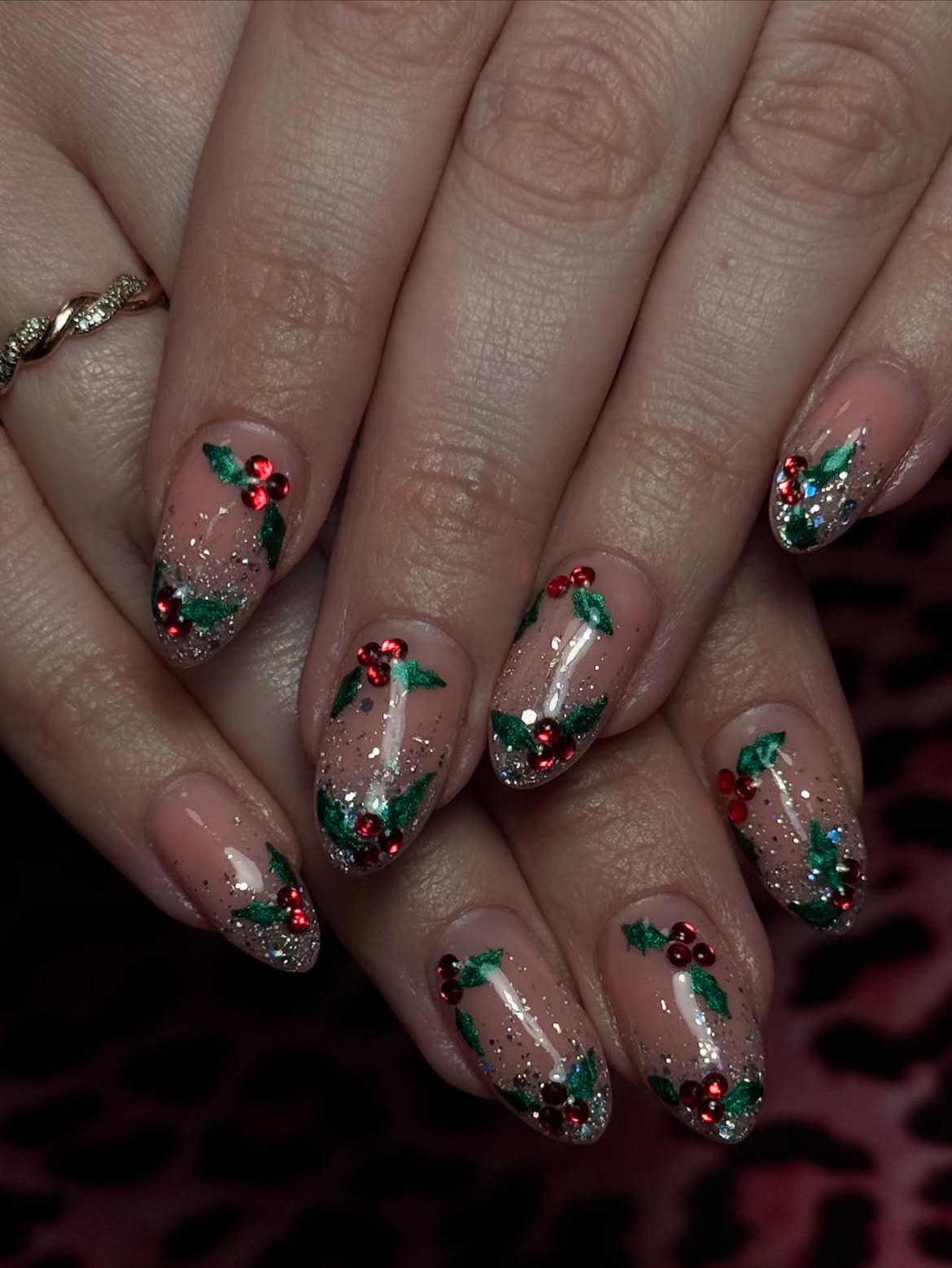 Festive Holly Berry Glitter Almond Nails