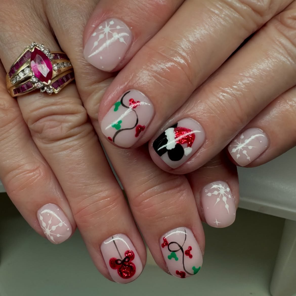Festive Mickey Christmas Lights Short Squoval Nails