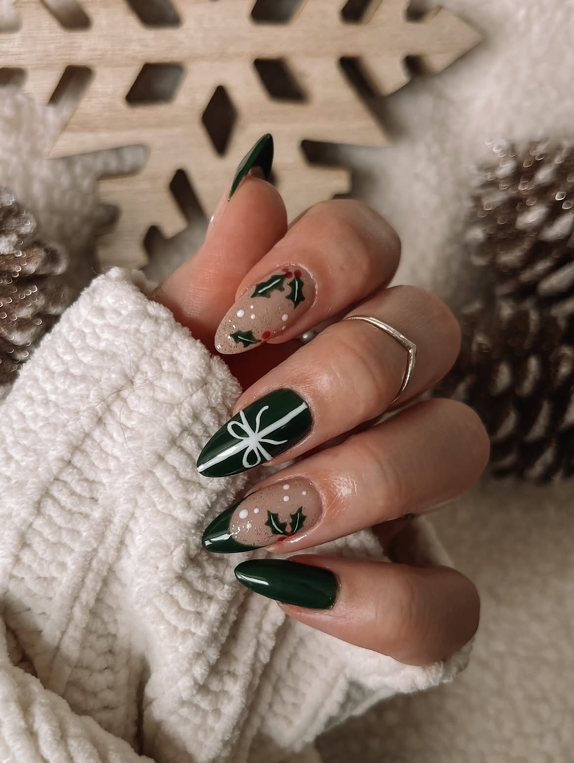 Festive Pine Green and Holly Almond Winter Nails