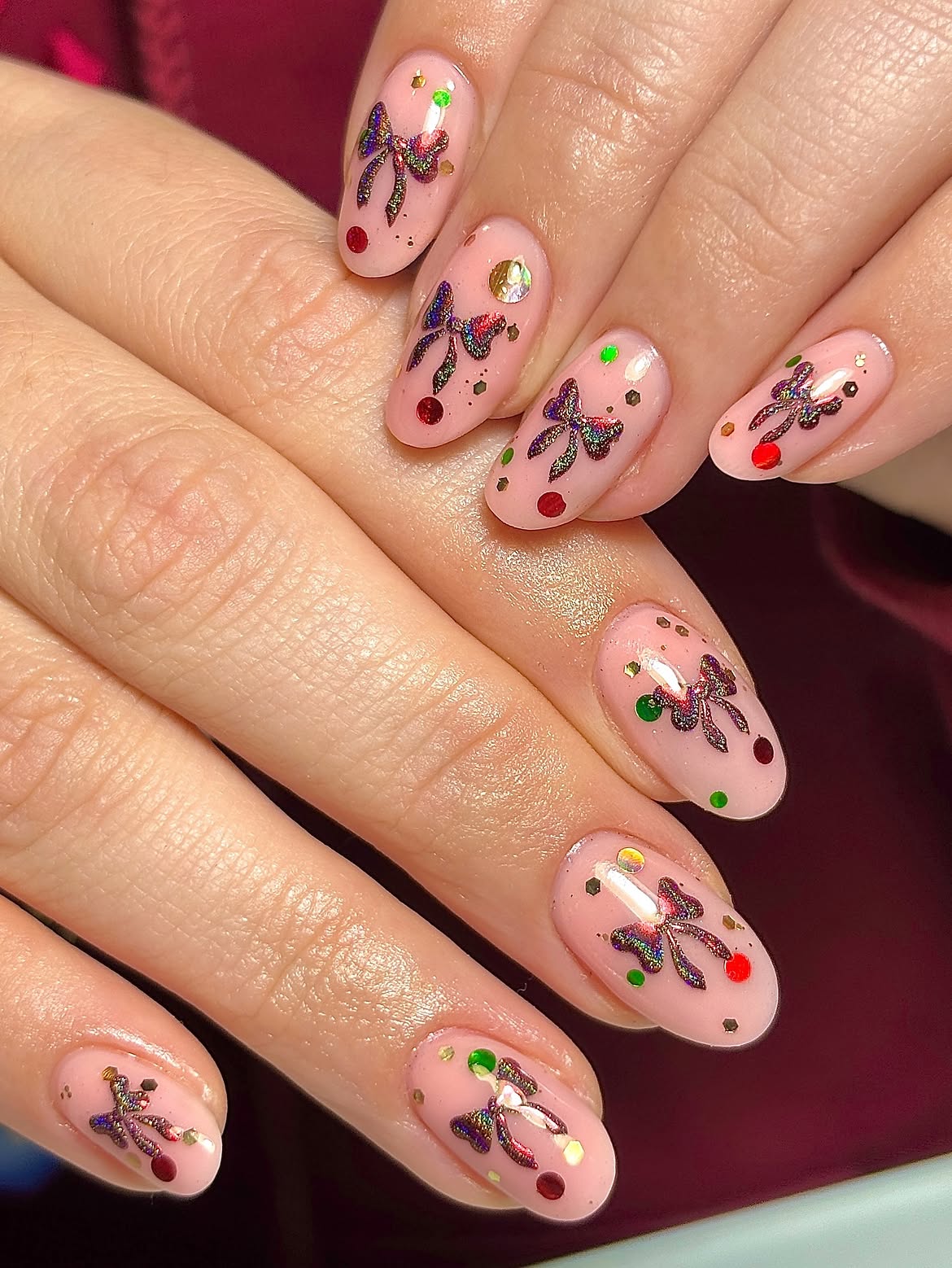 Festive Pink Bow and Dot Holiday Nails