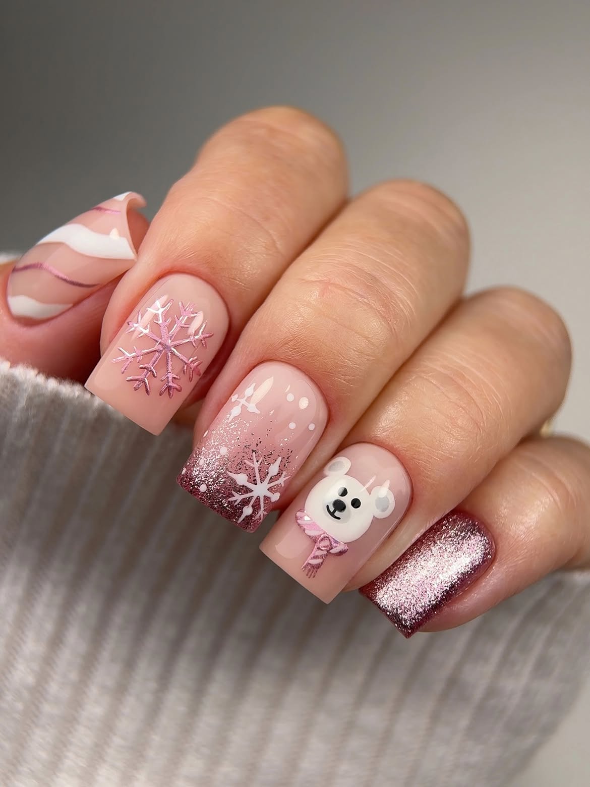 Festive Pink Winter Wonderland Bear Nail Art