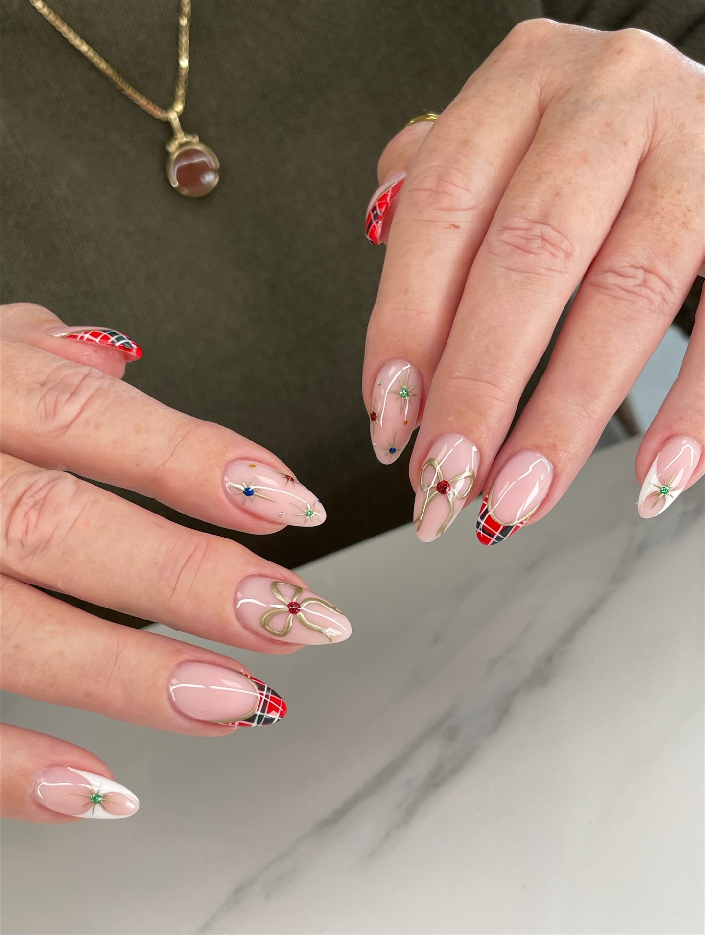 Festive Plaid and Bow Christmas French Tips