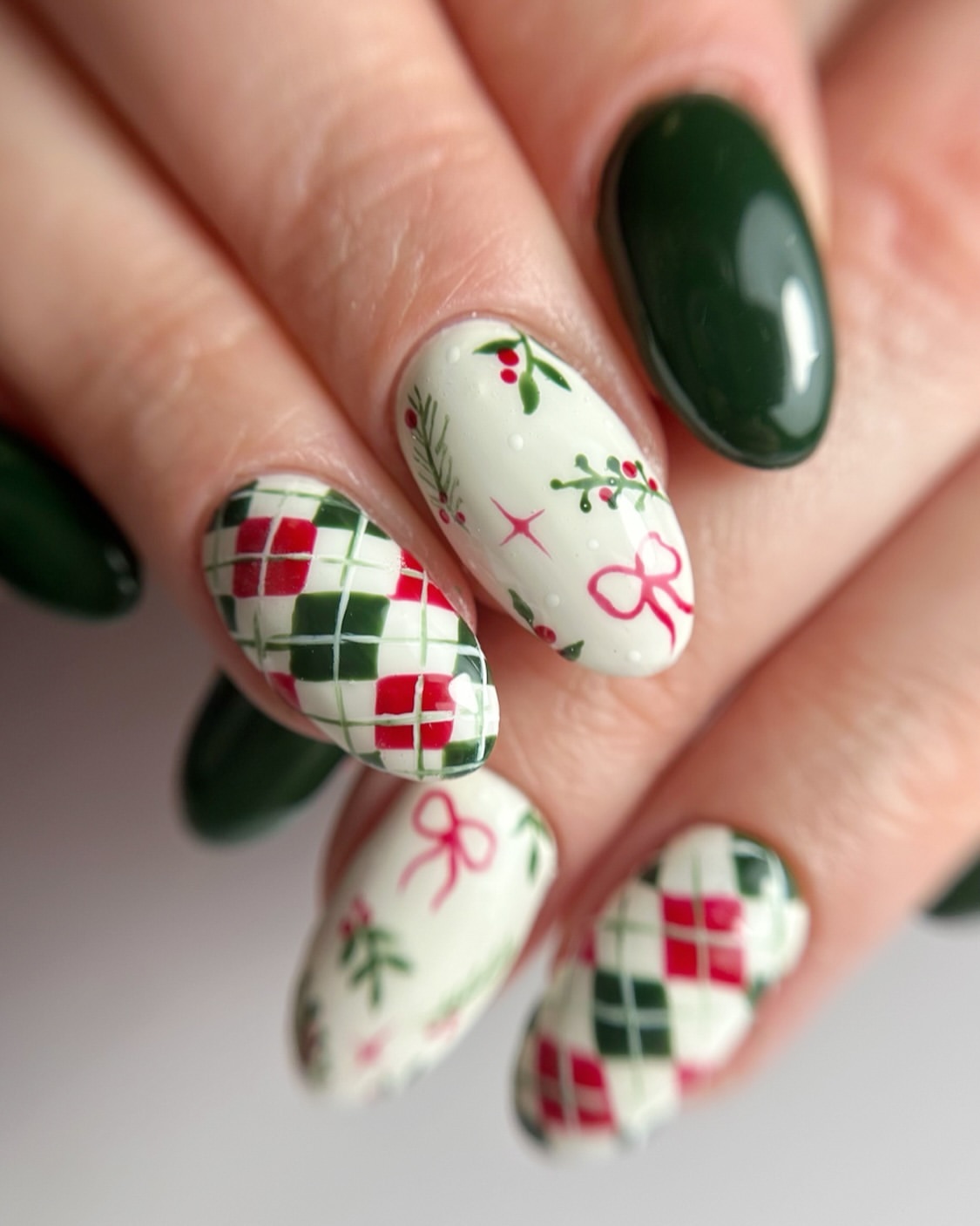 Festive Plaid and Holly Almond Winter Nails