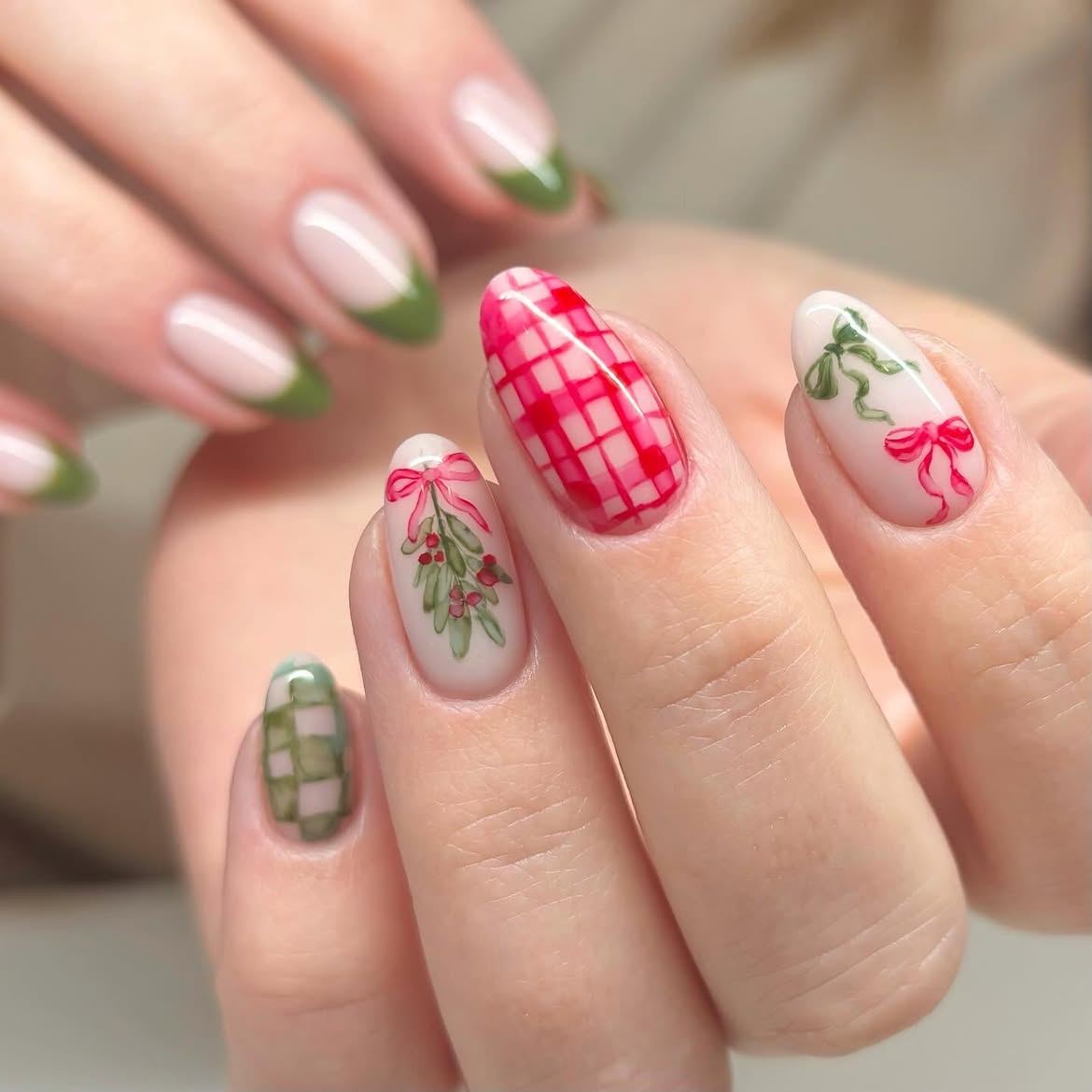 Festive Plaid and Mistletoe Christmas French Tips