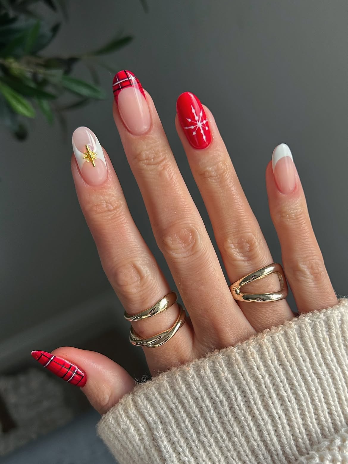 Festive Plaid & Snowflake French Tips