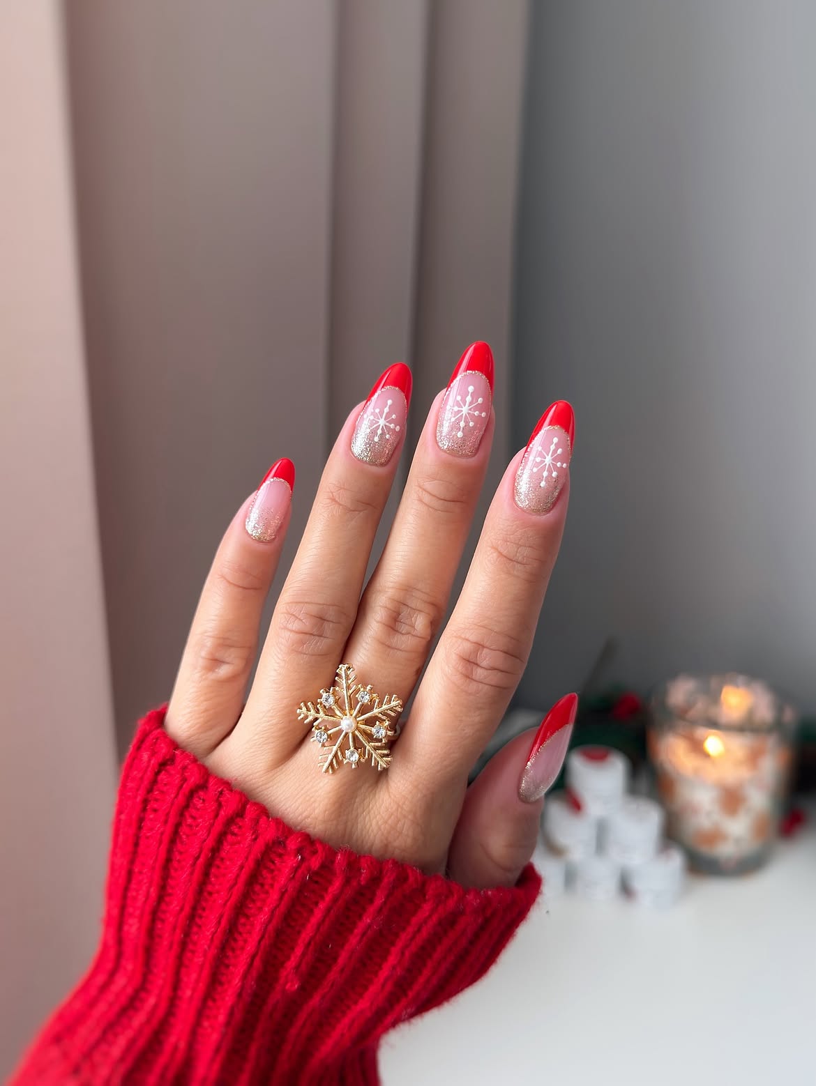 Festive Red and Glitter French Tip Snowflakes