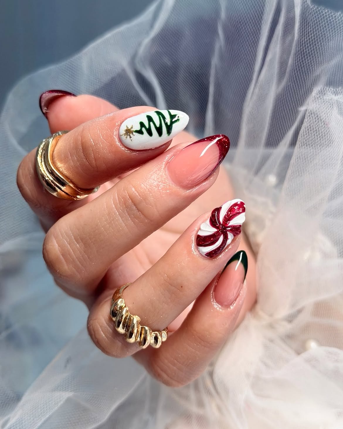 Festive Red And Green Candy Cane Christmas Nails