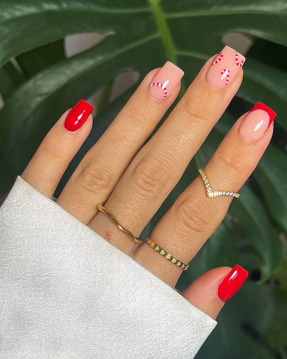 Festive Red And White Candy Cane Square Nails