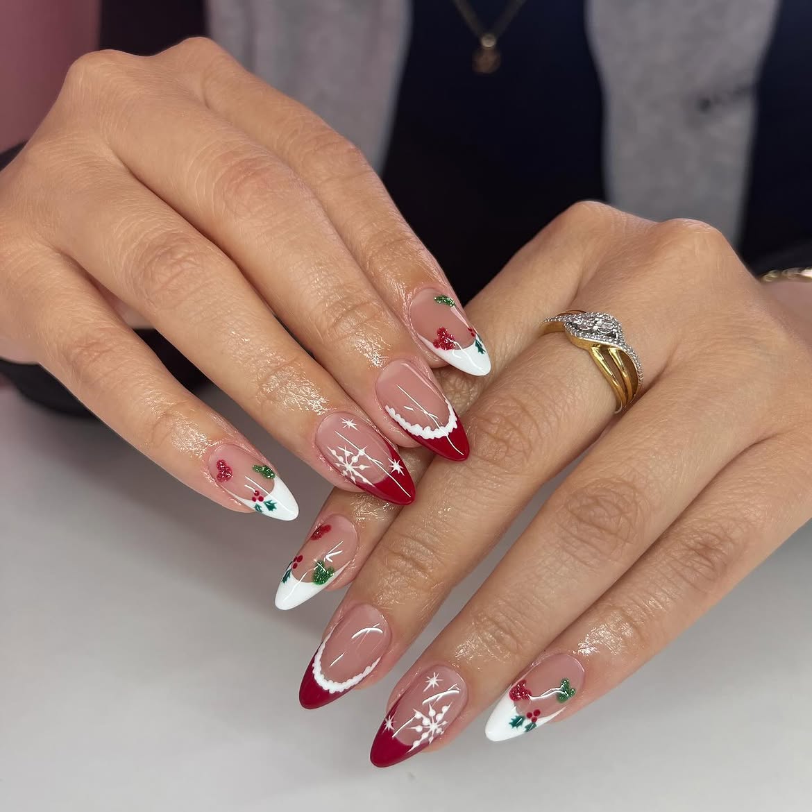Festive Red And White French Winter Almond Nails