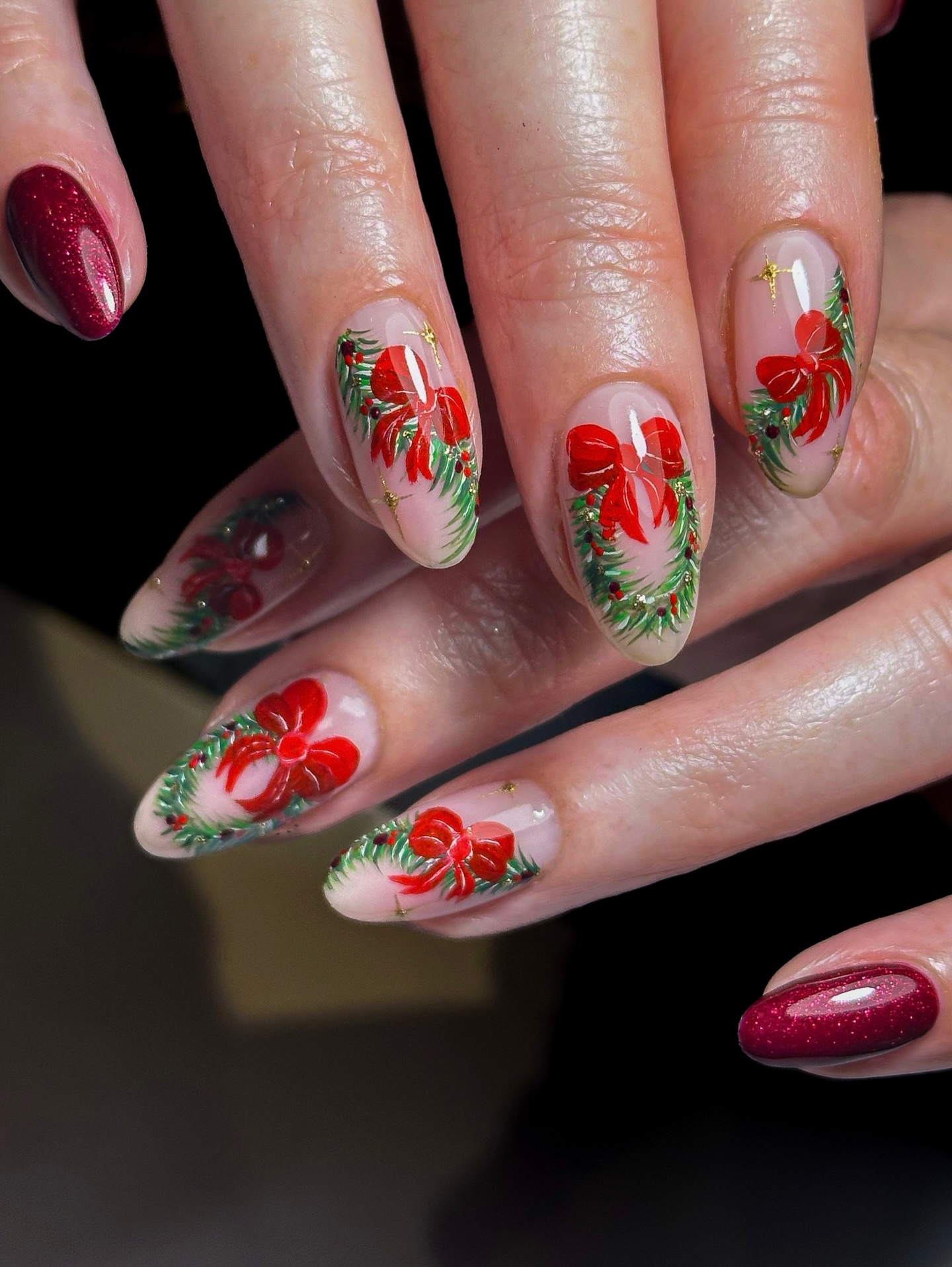 Festive Red Bow Christmas Wreath Almond Nails