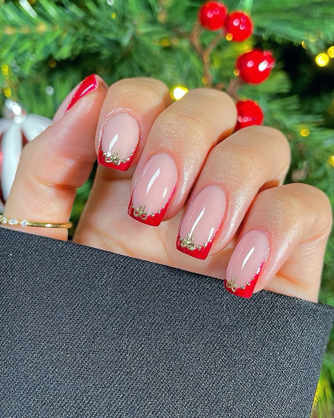 Festive Red French Bow Accent Nails