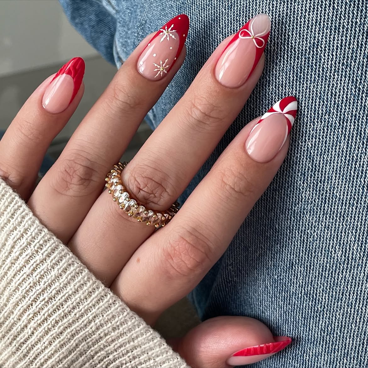 Festive Red French Tip Christmas Almond Nails