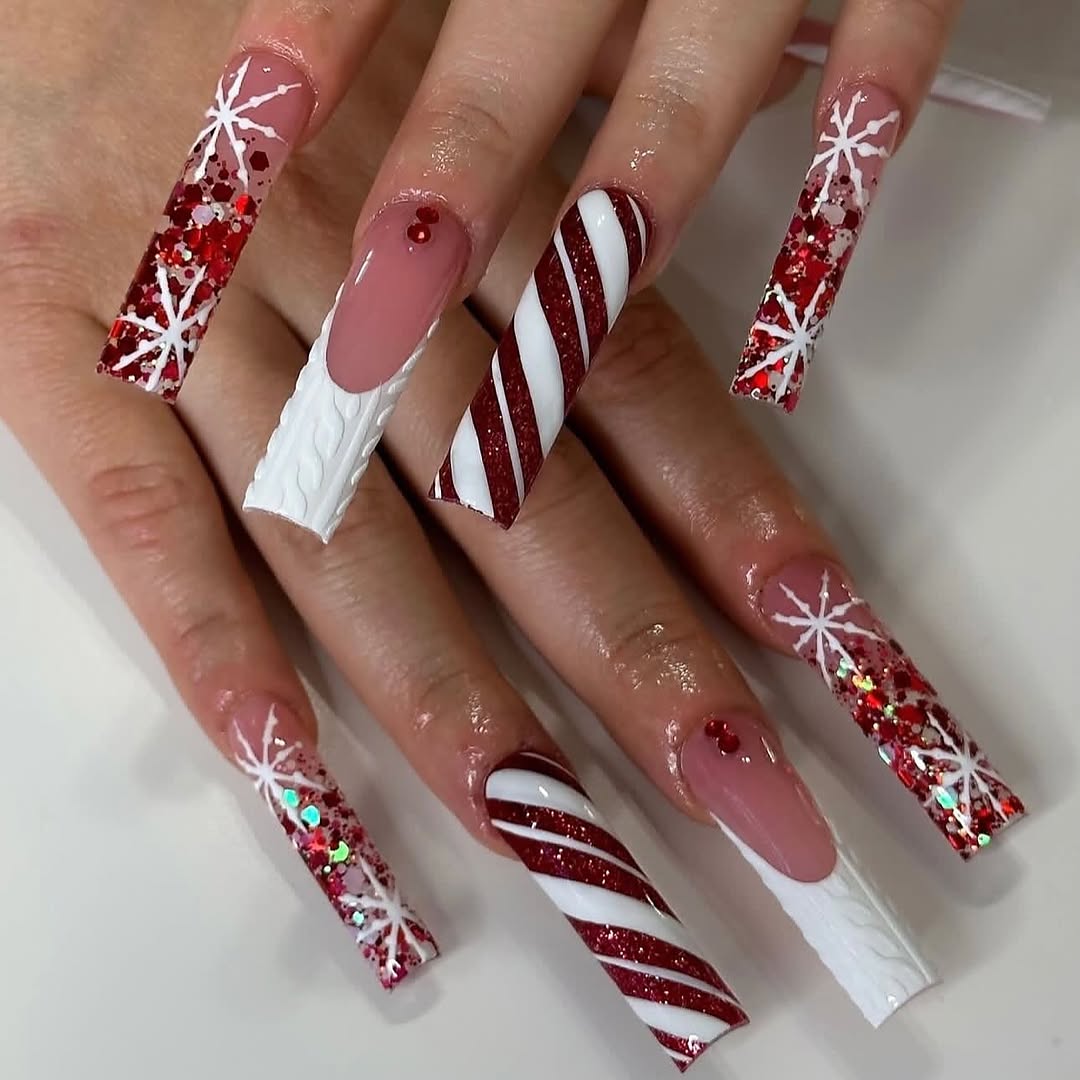 Festive Red Glitter And Candy Cane Long Square Nails