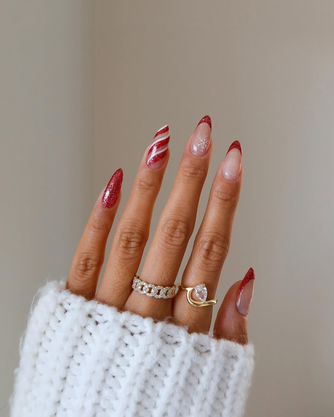 Festive Red Glitter French And Candy Cane Nails