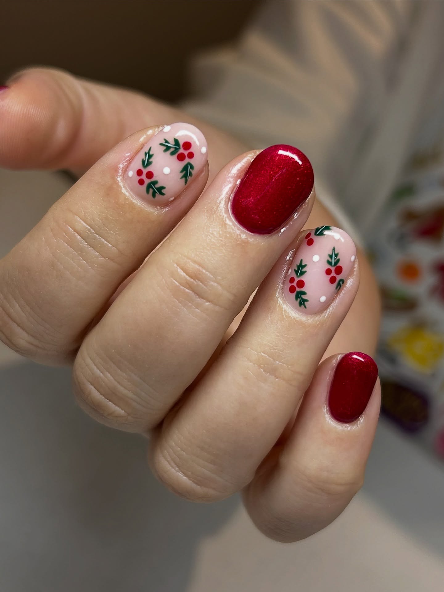 Festive Red Holly Berry Short Oval Nails