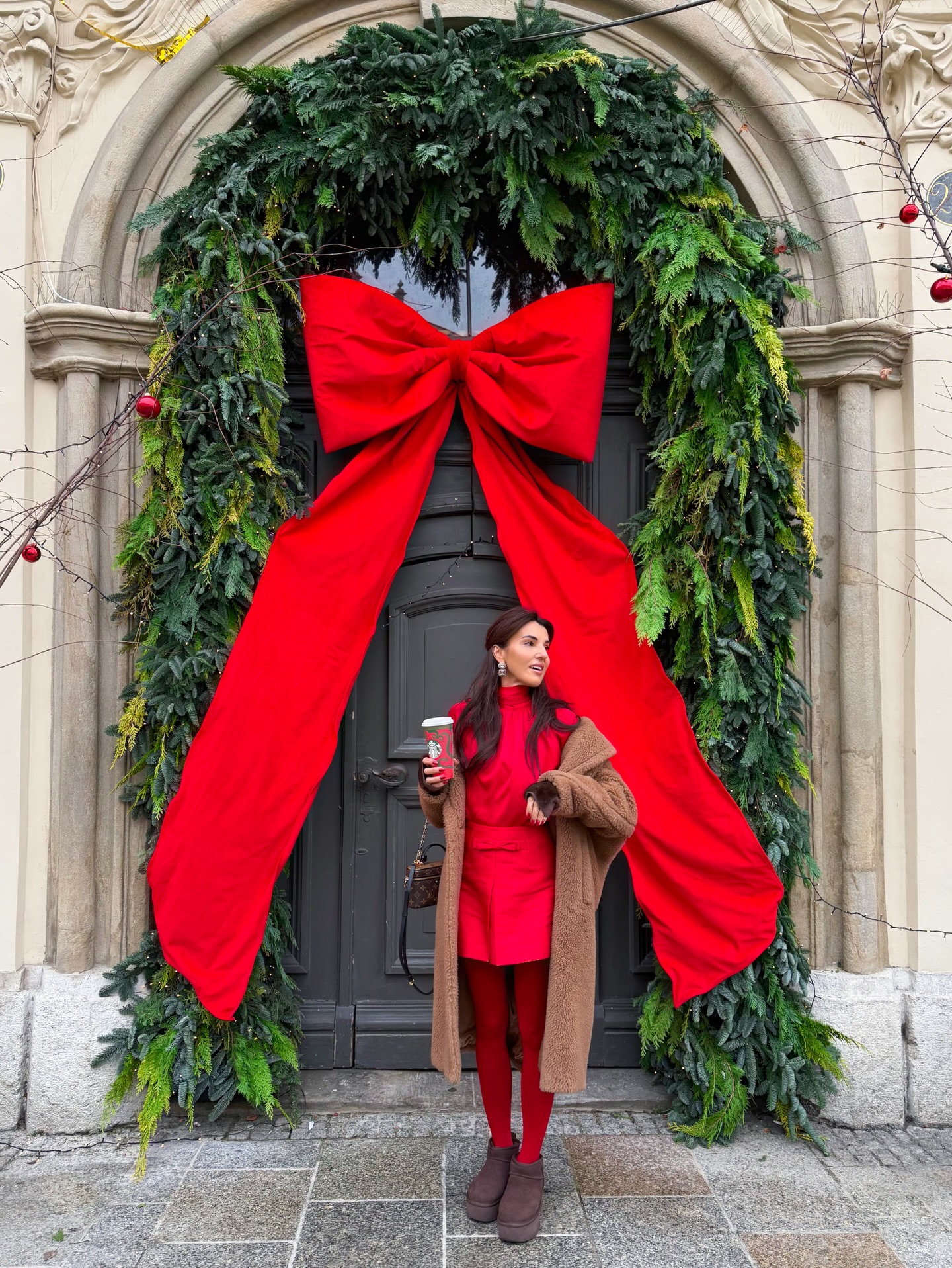 Festive Red Mini Dress With Teddy Coat