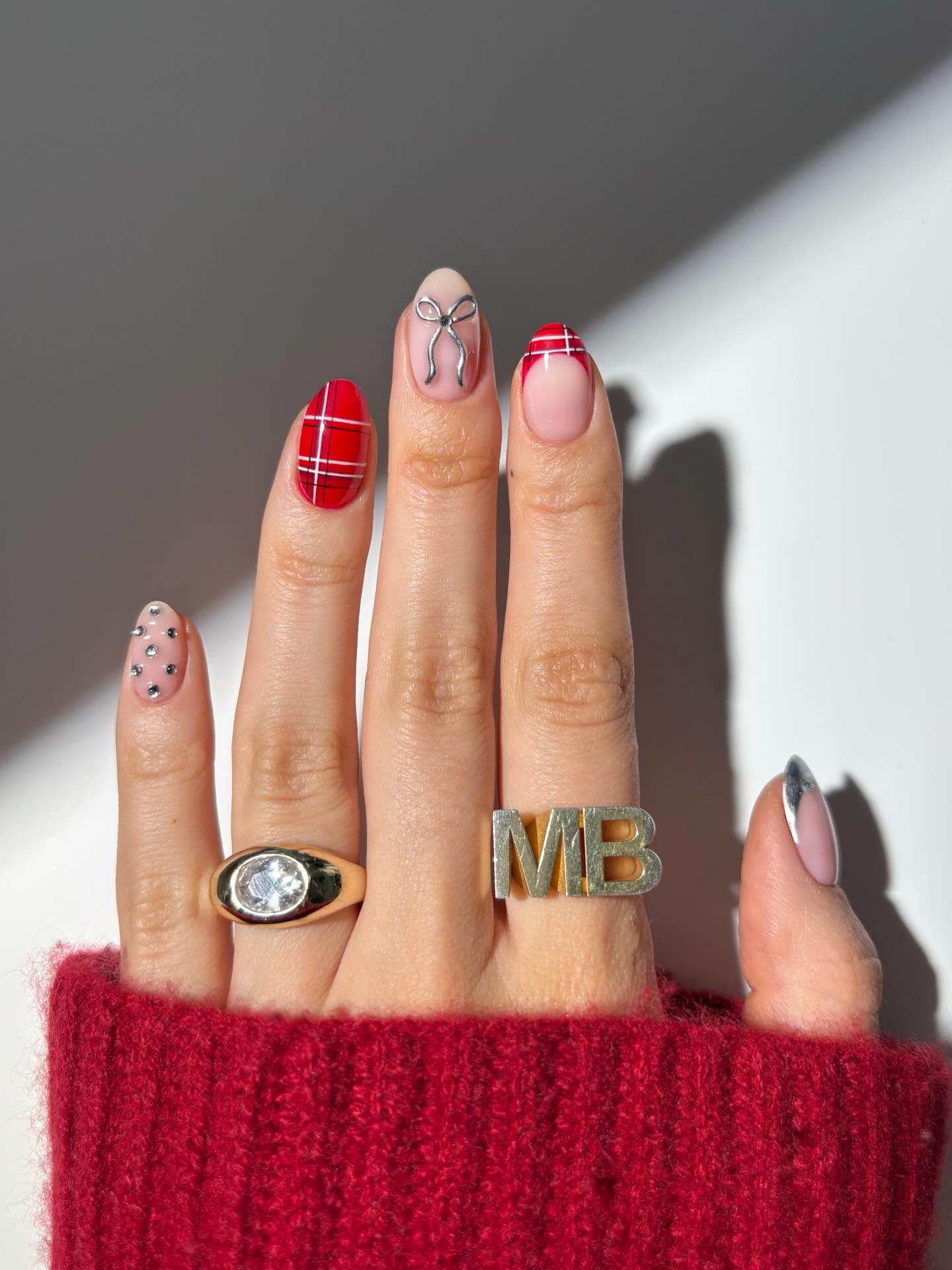 Festive Red Plaid & Silver Bow Almond Nails