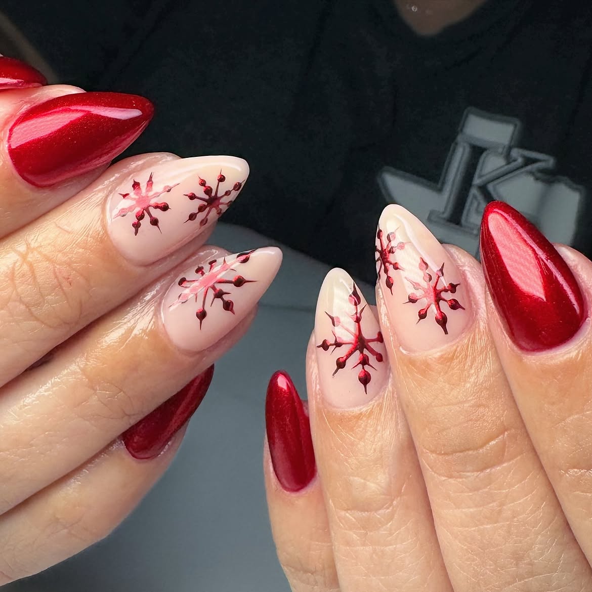 Festive Red Snowflake Almond Nails