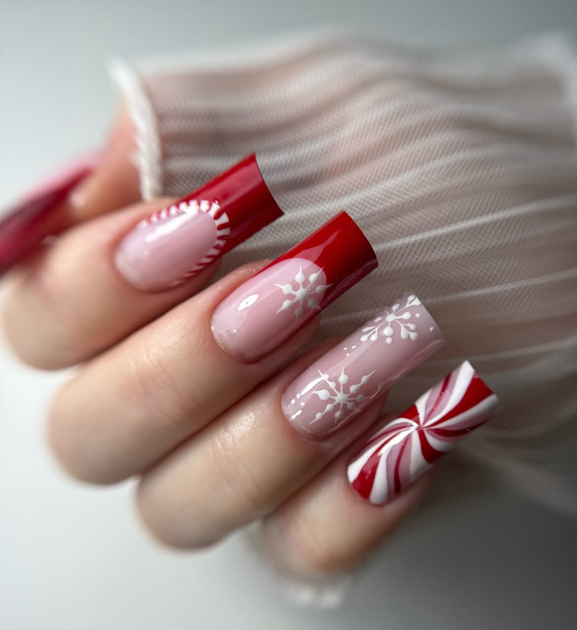 Festive Red Snowflake Candy Cane French Tips