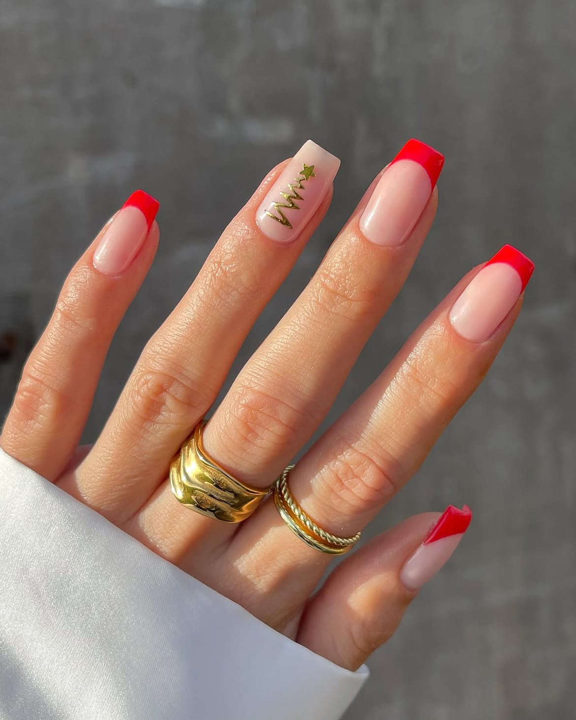 Festive Red Tip French Nails with Gold Tree Art