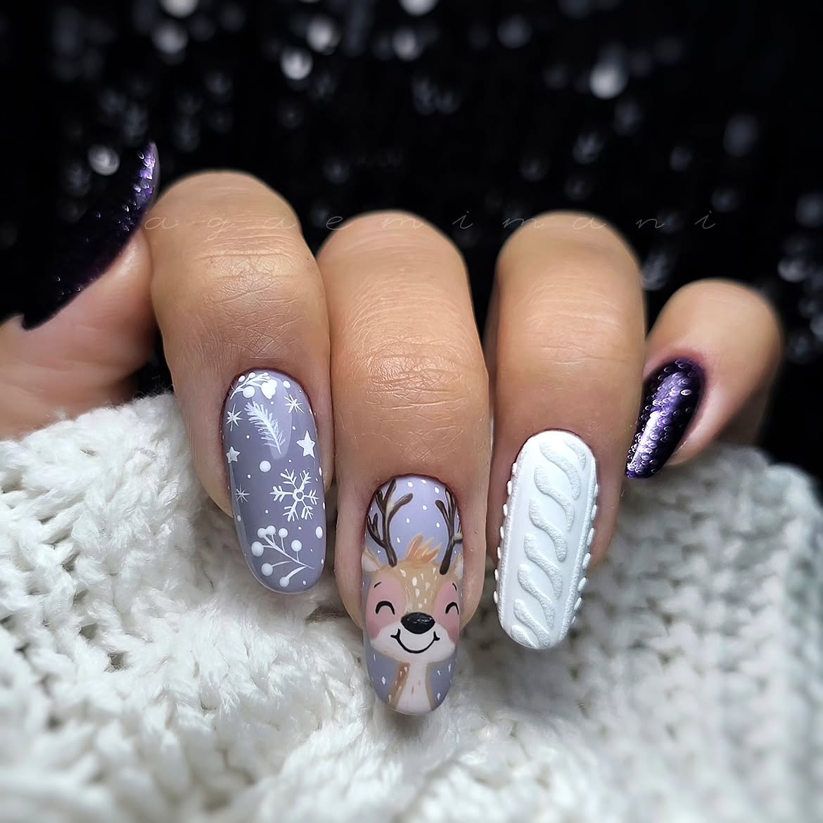 Festive Reindeer And Sweater Knit Almond Nails