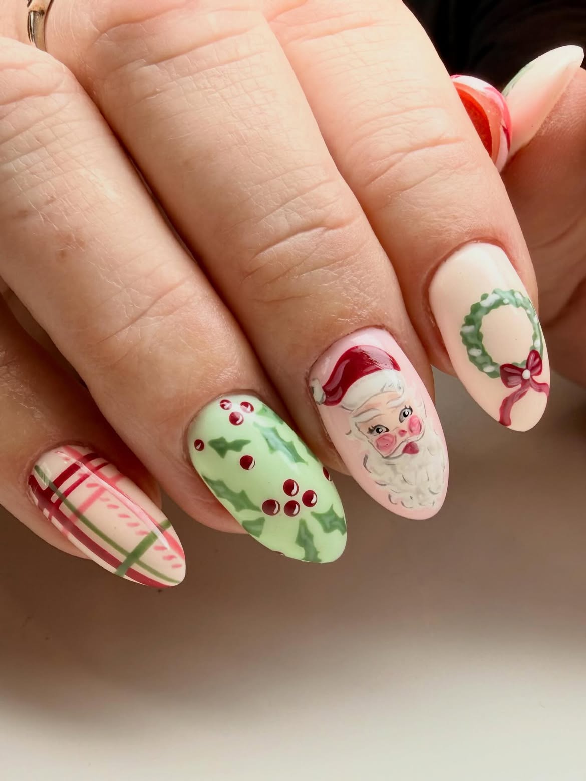 Festive Santa and Holly Christmas Character Nails