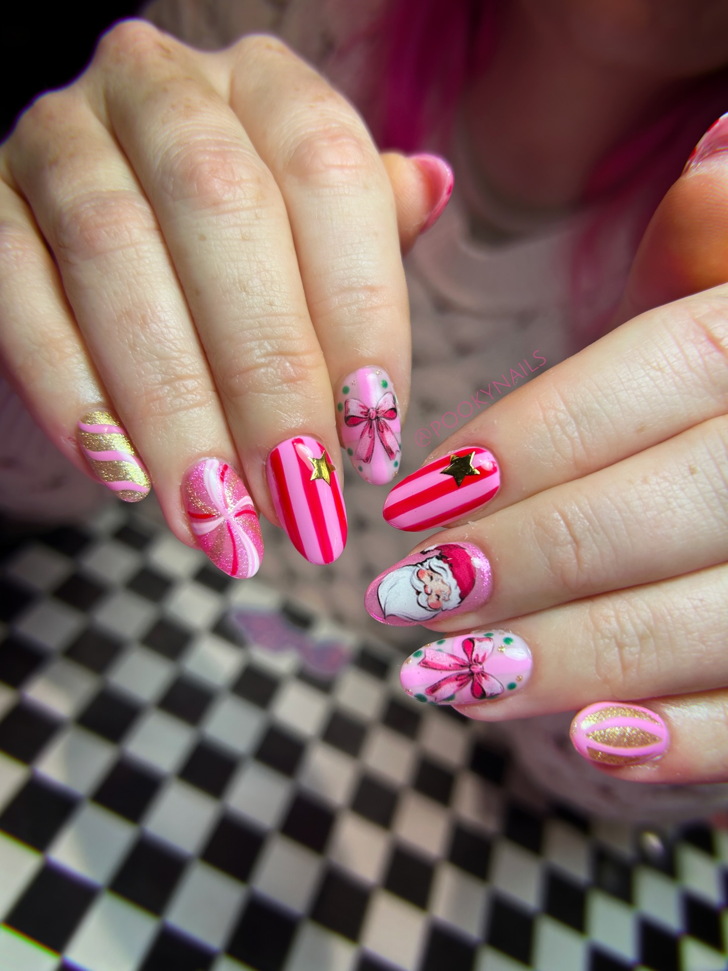Festive Santa Hat Pink Candy Cane Christmas Nails