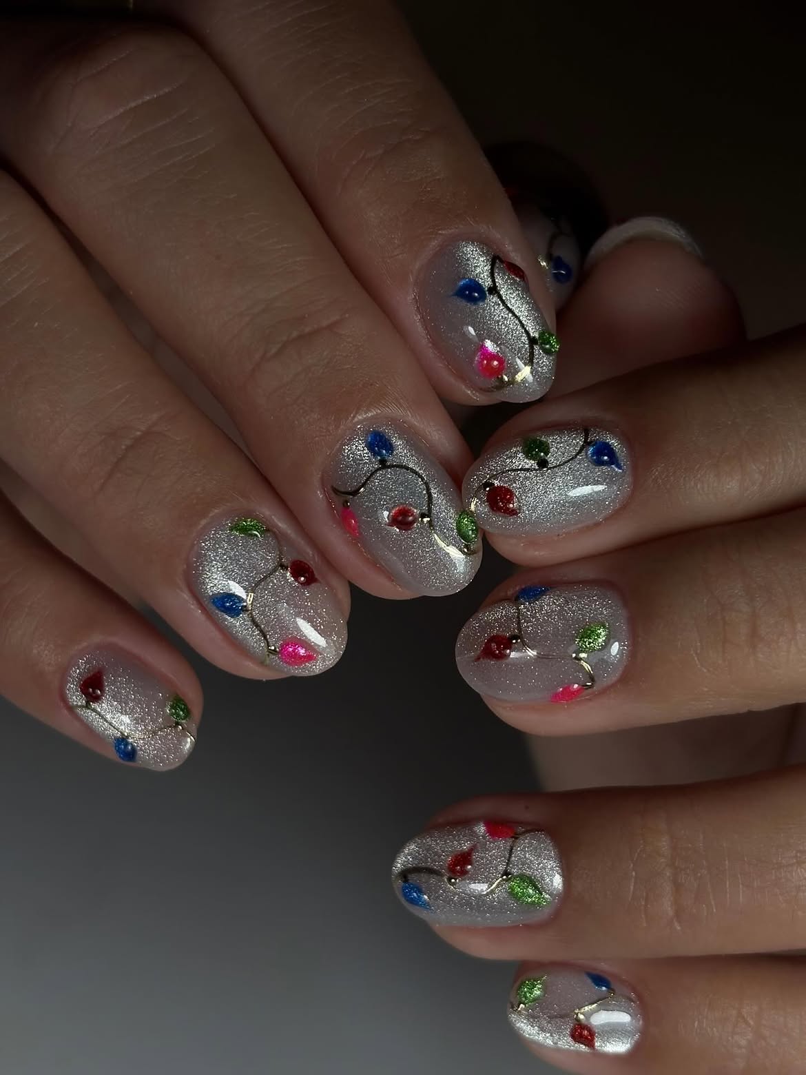 Festive Silver Cat Eye Christmas Light Nail Art