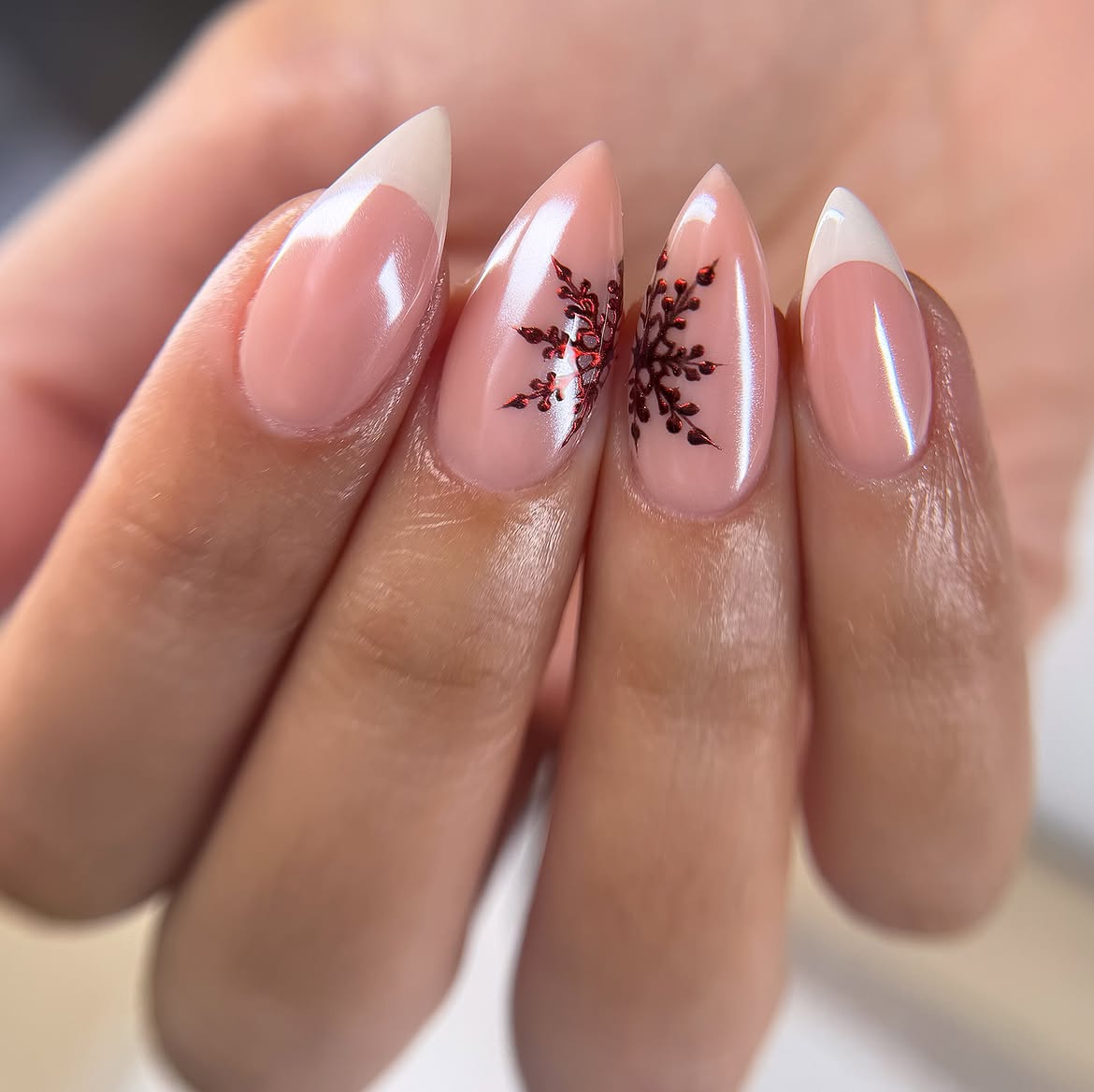 Festive Snowflake French Tip Stiletto Nails