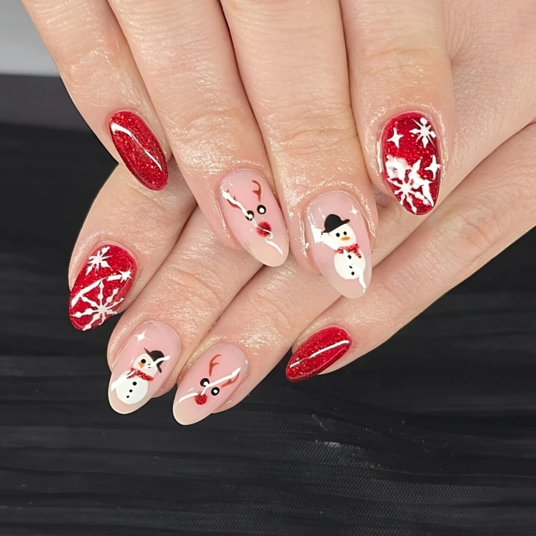 Festive Snowman and Reindeer Christmas Nails