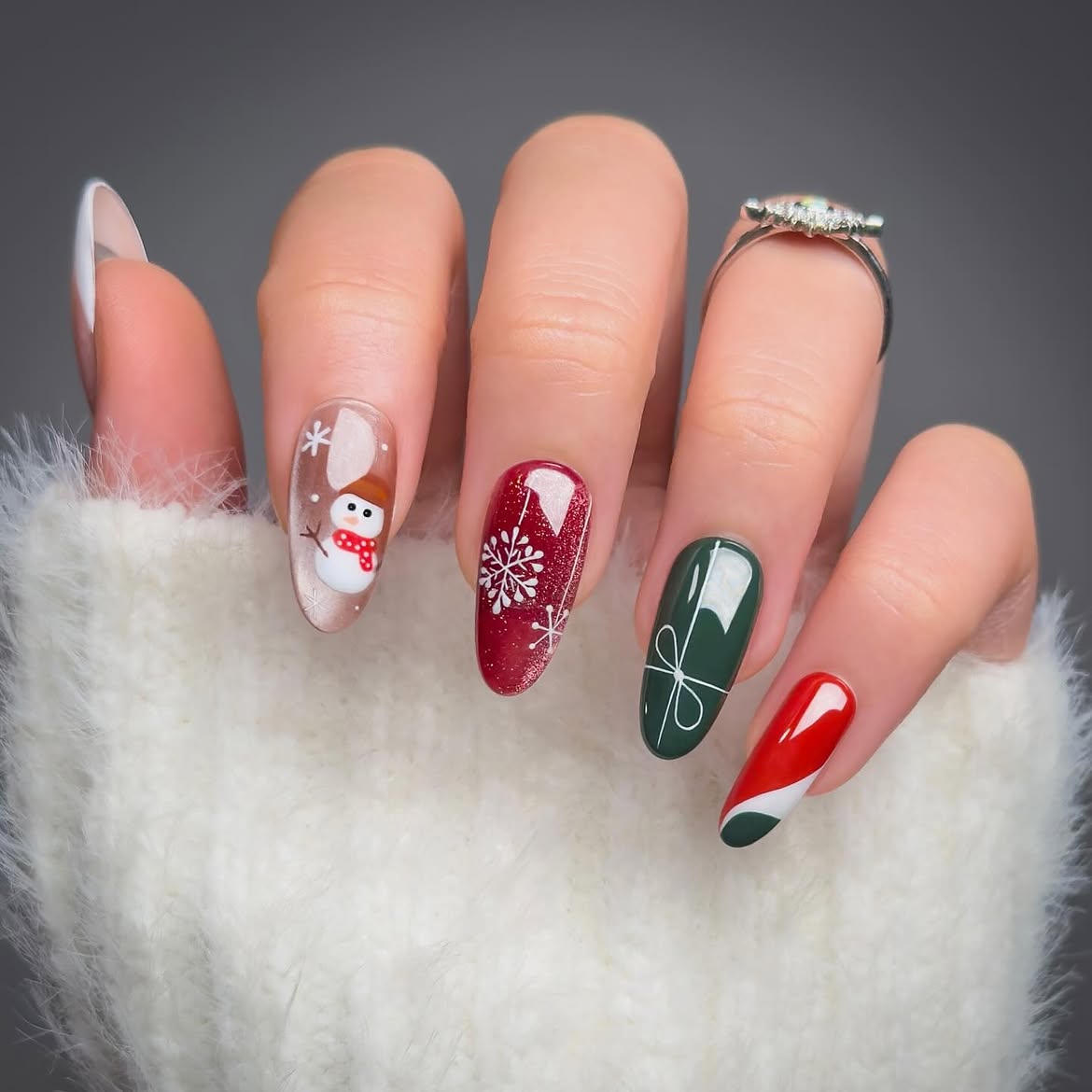 Festive Snowman & Gift Wrapped Christmas Nails