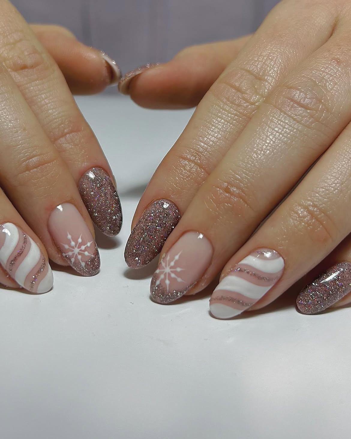 Festive Sparkle Snowflake And Candy Stripe Nails