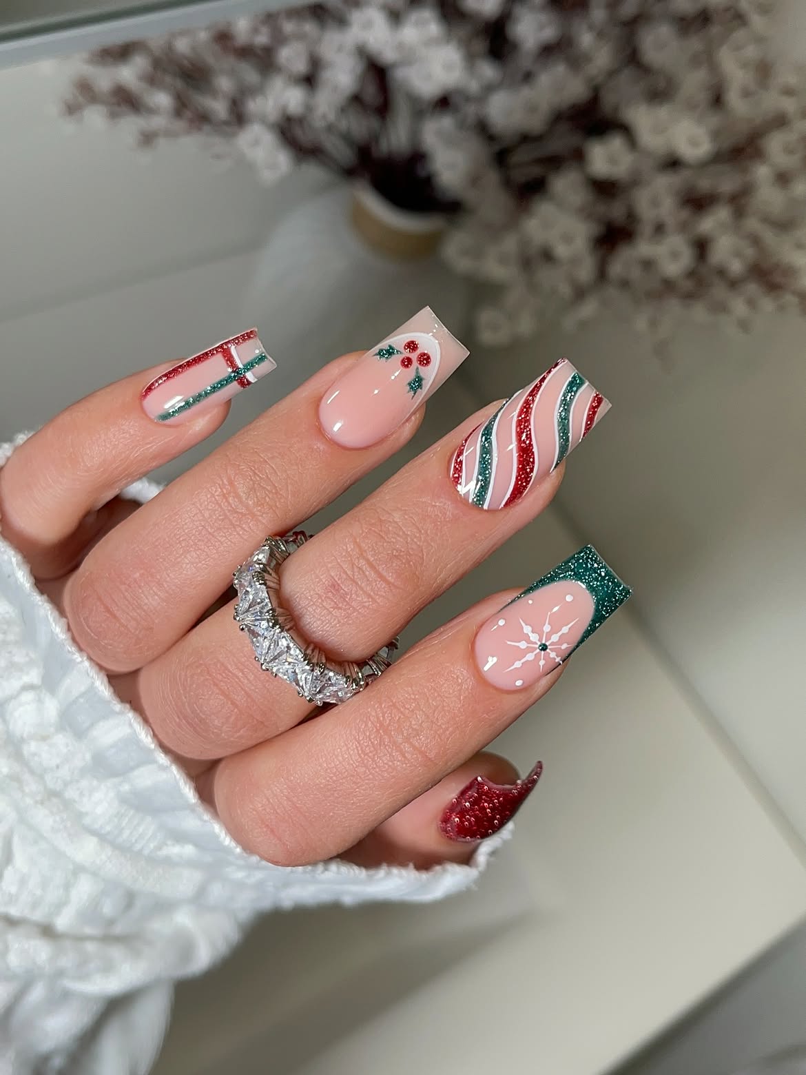 Festive Winter French Tip Acrylics with Glitter Accents