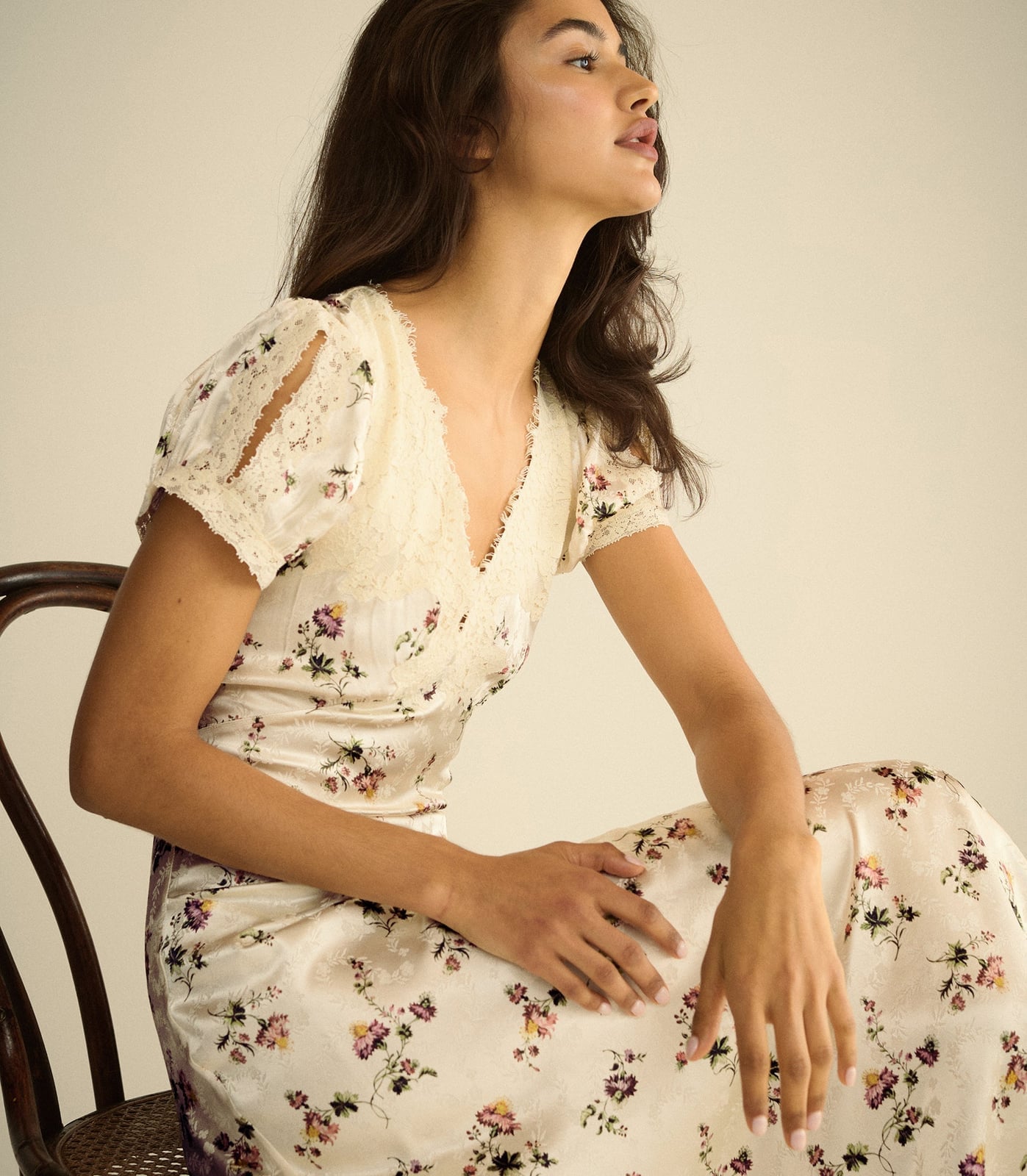 Cream Satin Midi Dress With Lace Neckline Trim Cream Satin Midi Dress With Lace Neckline Trim — Floral Dress