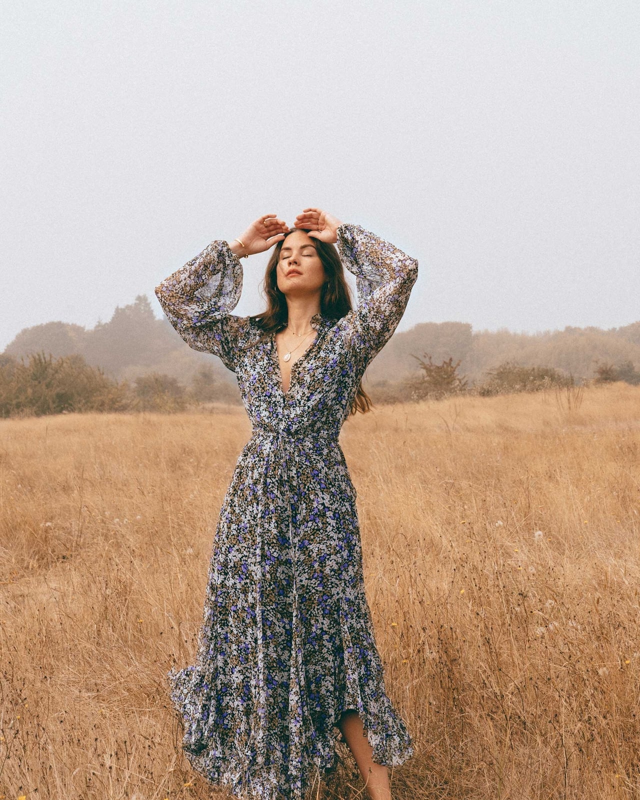 Blue Floral Maxi Dress With Voluminous Sleeves Blue Floral Maxi Dress With Voluminous Sleeves — Floral Dress