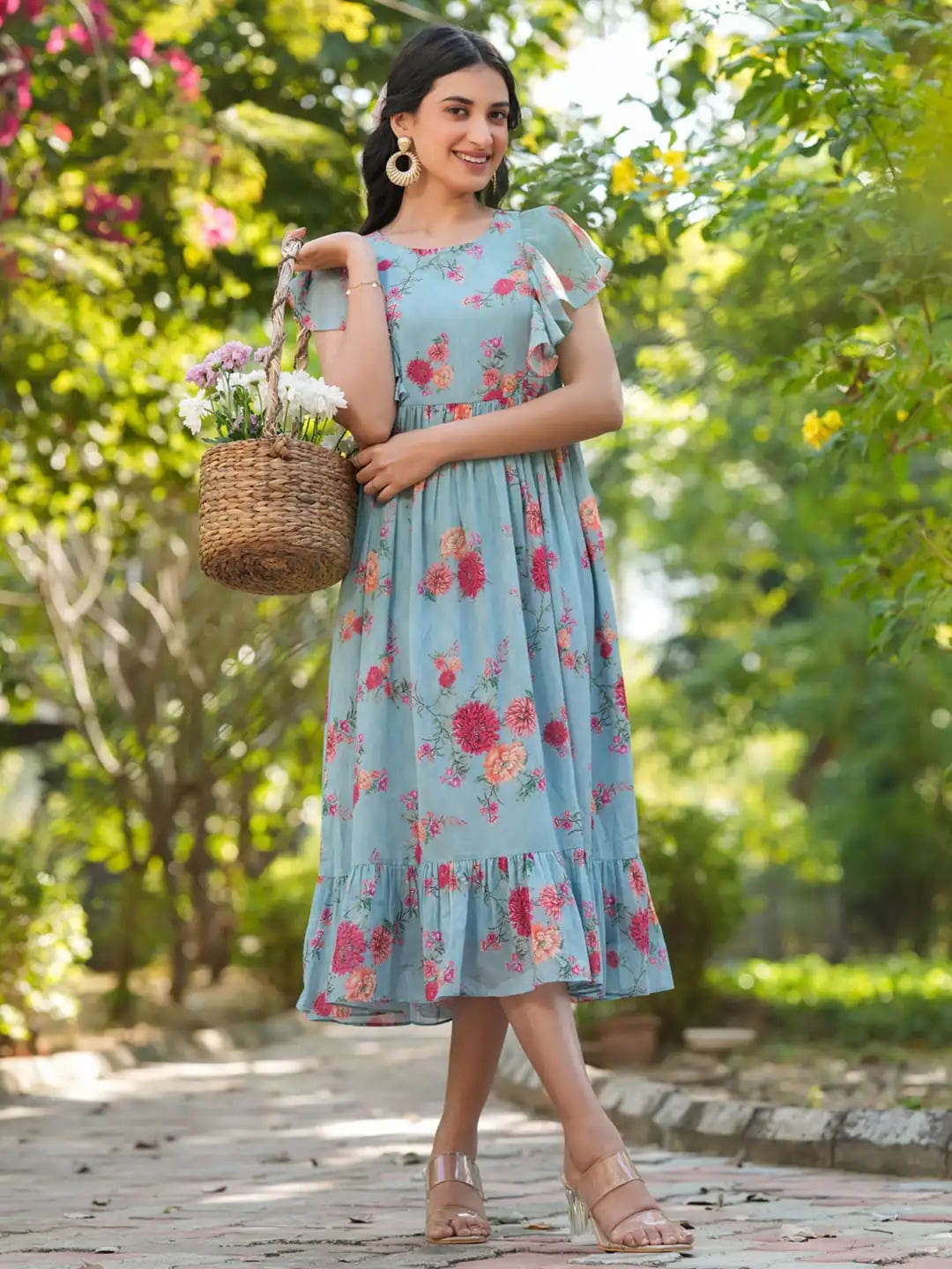 Light Blue Georgette Midi Dress With Flutter Sleeves Light Blue Georgette Midi Dress With Flutter Sleeves — Floral Dress
