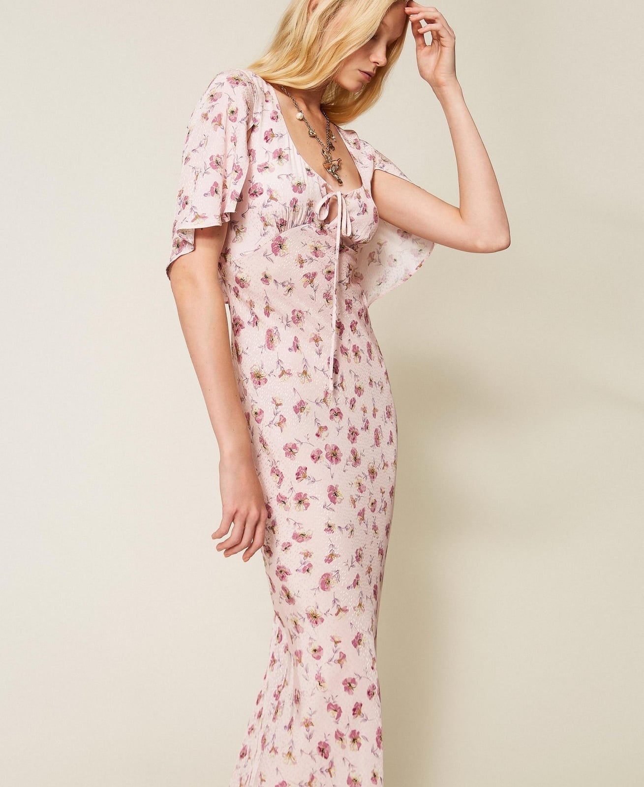 Pale Pink Long Floral Dress With Tie Neckline Pale Pink Long Floral Dress With Tie Neckline