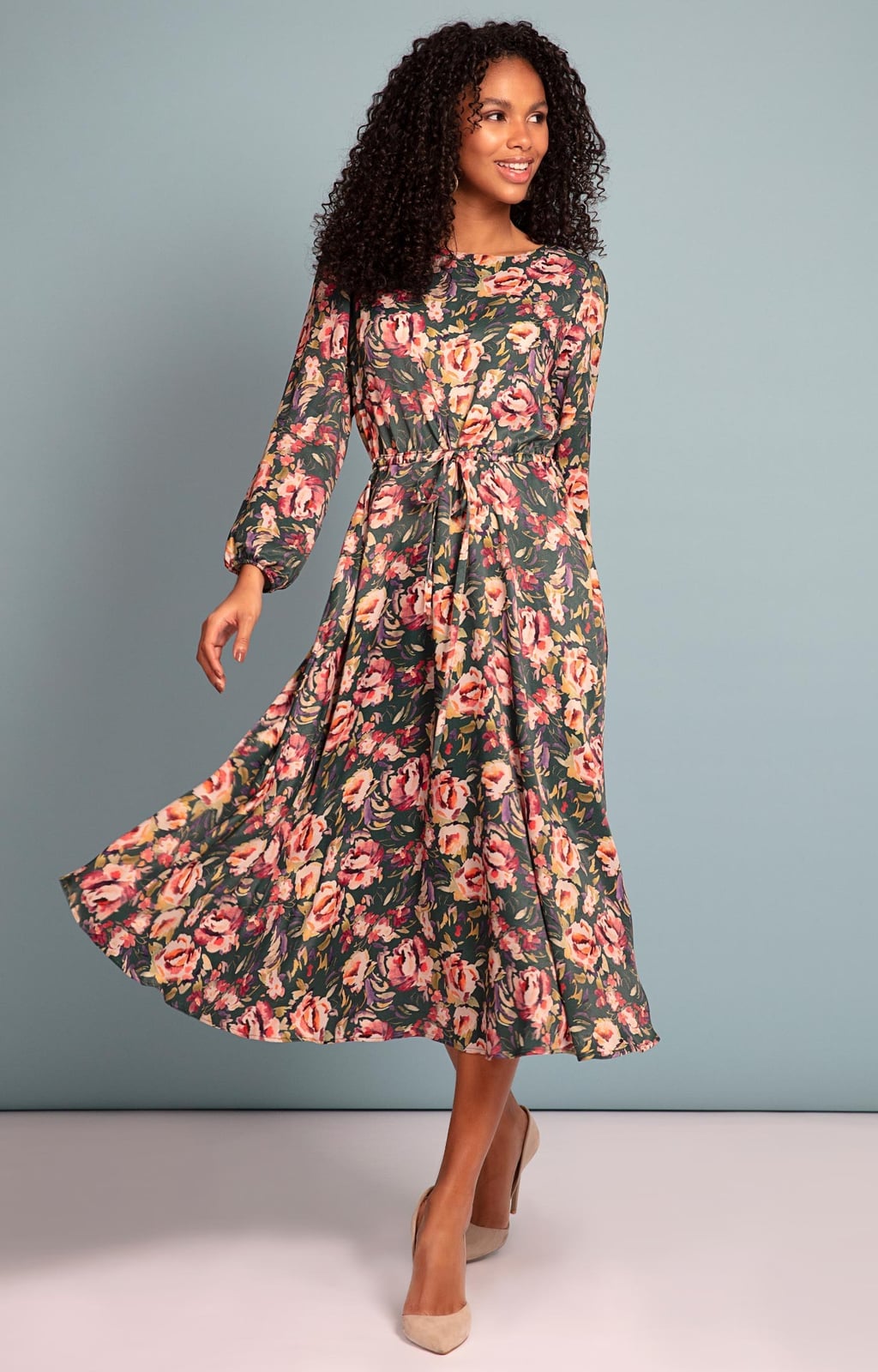 Dark Green Midi Dress With Bold Floral Print Dark Green Midi Dress With Bold Floral Print — Floral Dress